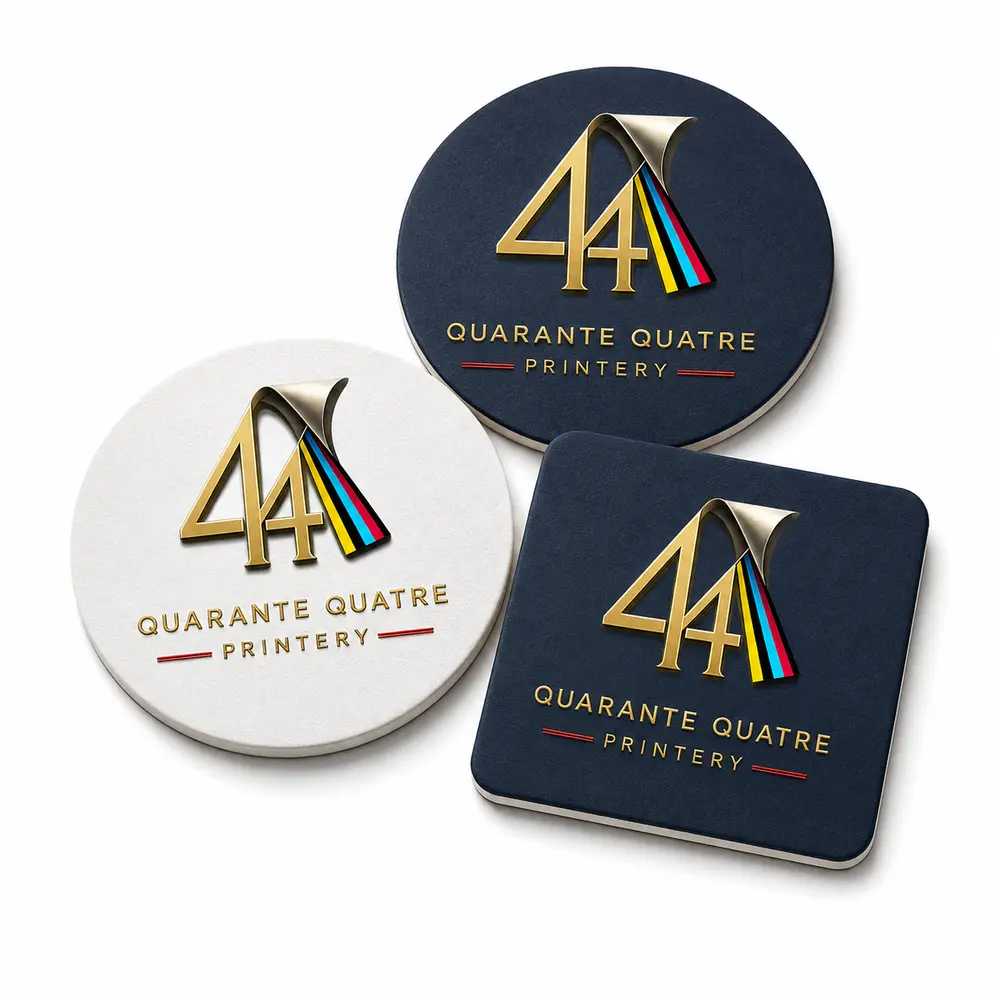 Quarante Quatre Printery logolu promosyon bardak altlıkları